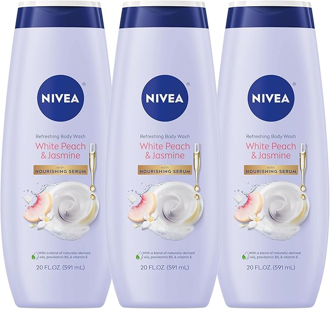 نيفيا غسول جسم نيفيا بنكهة الخوخ الأبيض والياسمين مع سيروم مغذي، عبوة من 3 أشخاص، 20 أونصة سائلة - Image 2